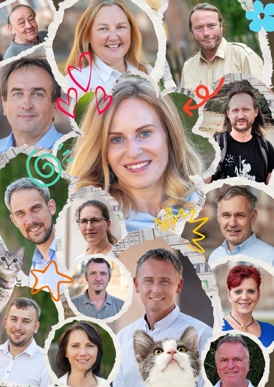 Koláž portrétů všech patnácti kandidátů Nezávislých pro Plasko